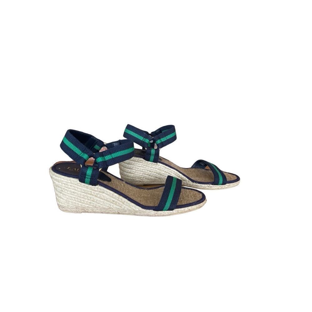 Ralph Lauren Blue & Green Striped Ankle Strap Wedge Espadrille Sandal Size 8